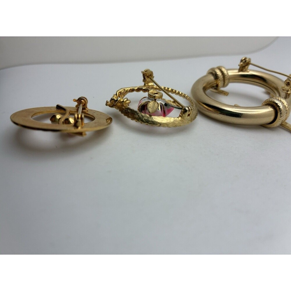 5 Brooch Lot Gold Tone Round Vintage Unsigned Snake Flower Pearl Leaf Wreath - Picture 12 of 14